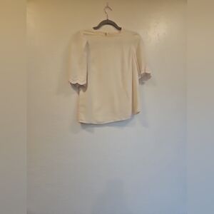 Sezane Cream 100% Silk Blouse In Size 34 Womens Short Sleeves With Lace Trim.